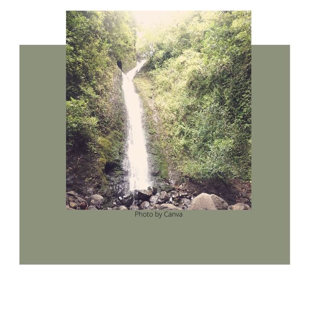 Lulumahu Falls hiking trail in O'ahu Hawaii. Beautiful waterfall cascading over rocks.