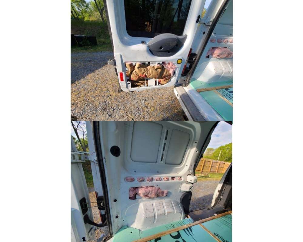 insulation stuffing in our ford transit connect camper van conversion