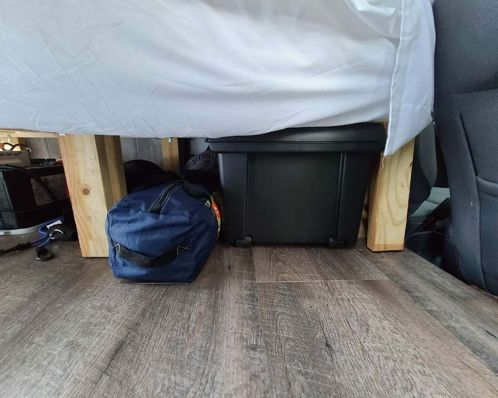 storage space under our  Ford Transit Connect high top camper van