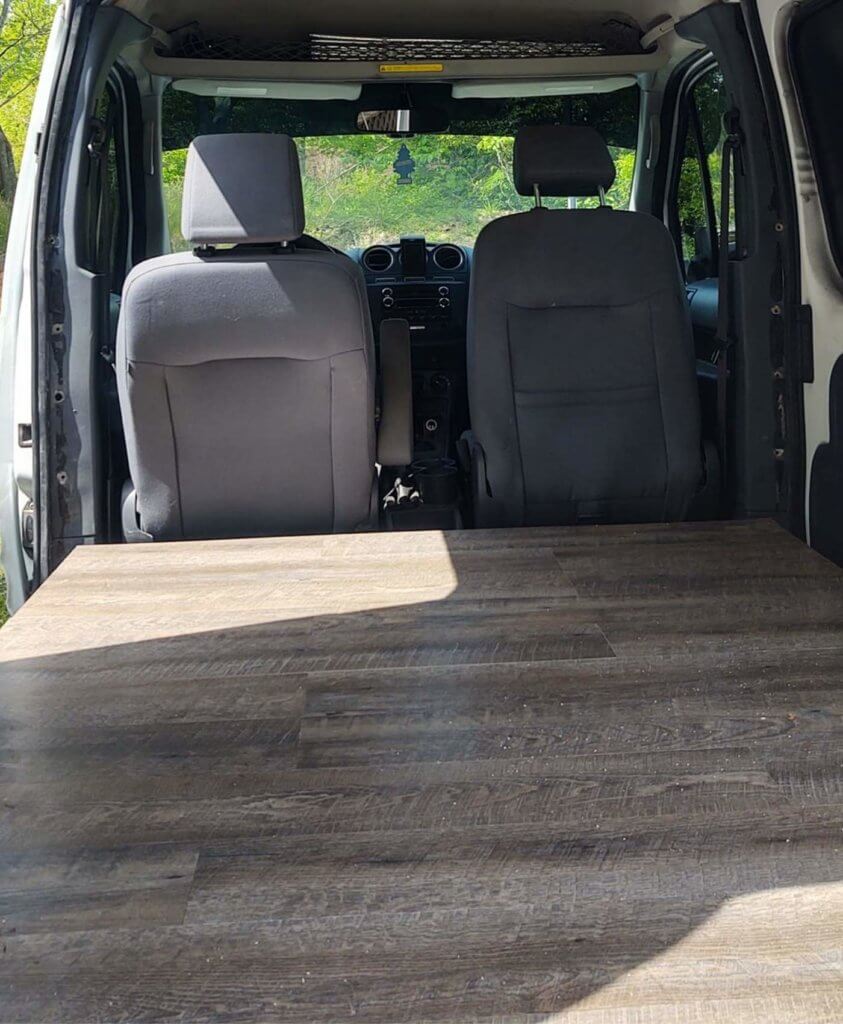 Camper van flooring material in our Ford Transit Connect camper van