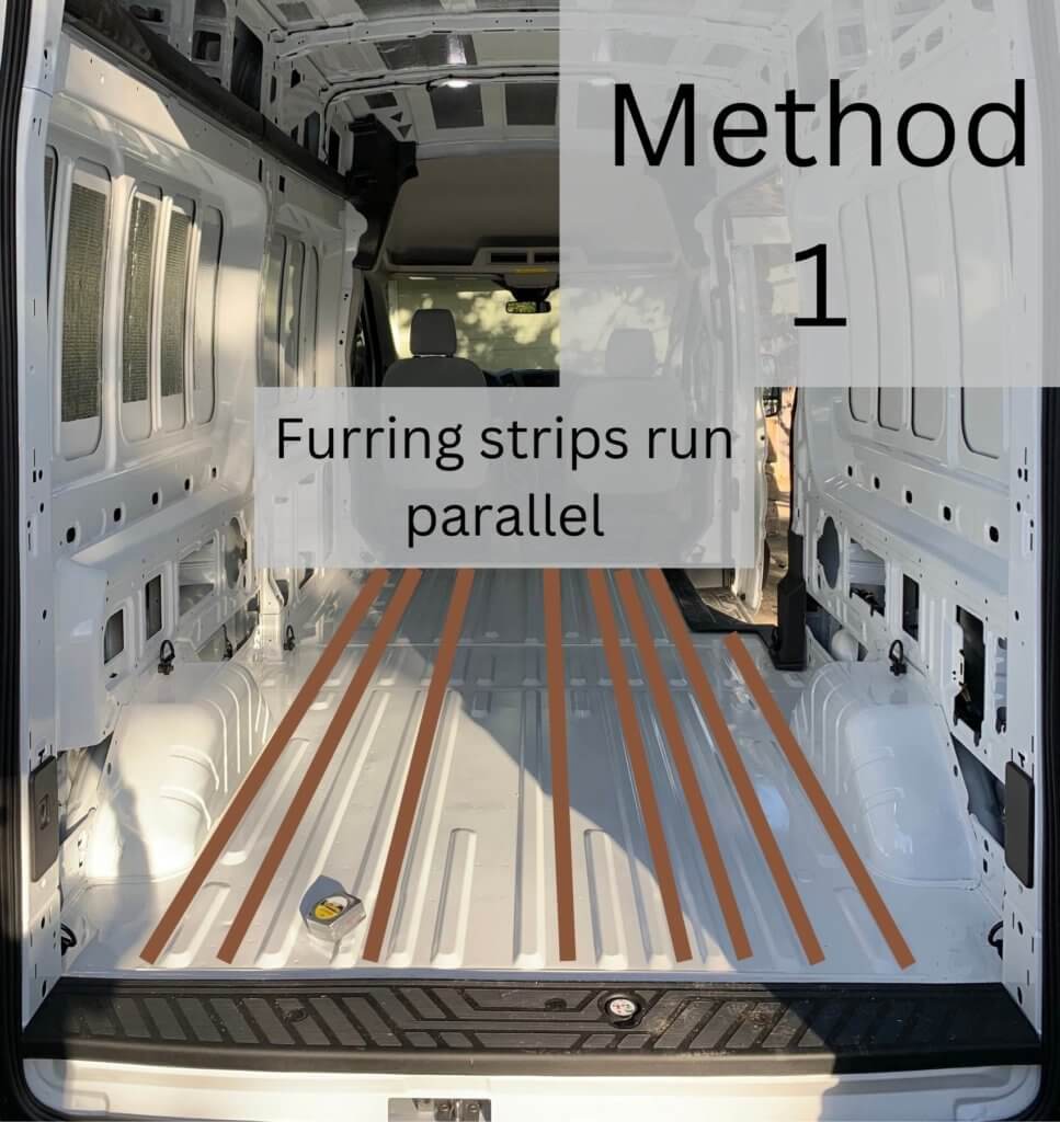 method one furring strips run parrallel underneath camper van subflooring