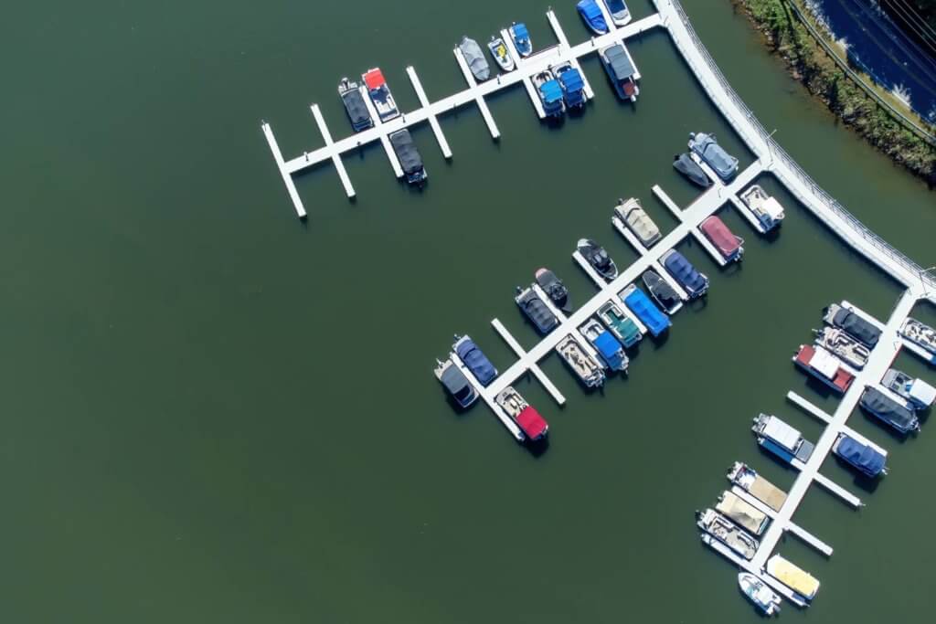 Boats to rent on Lake Lure. Overhead shot of docs