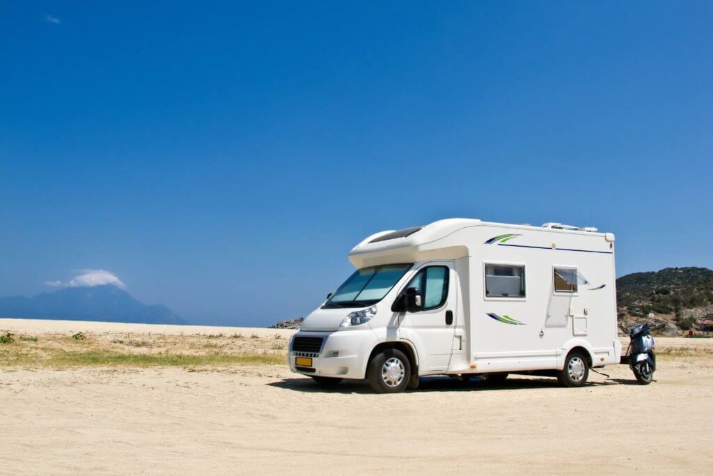 class c RV, White RV with separate chassis.