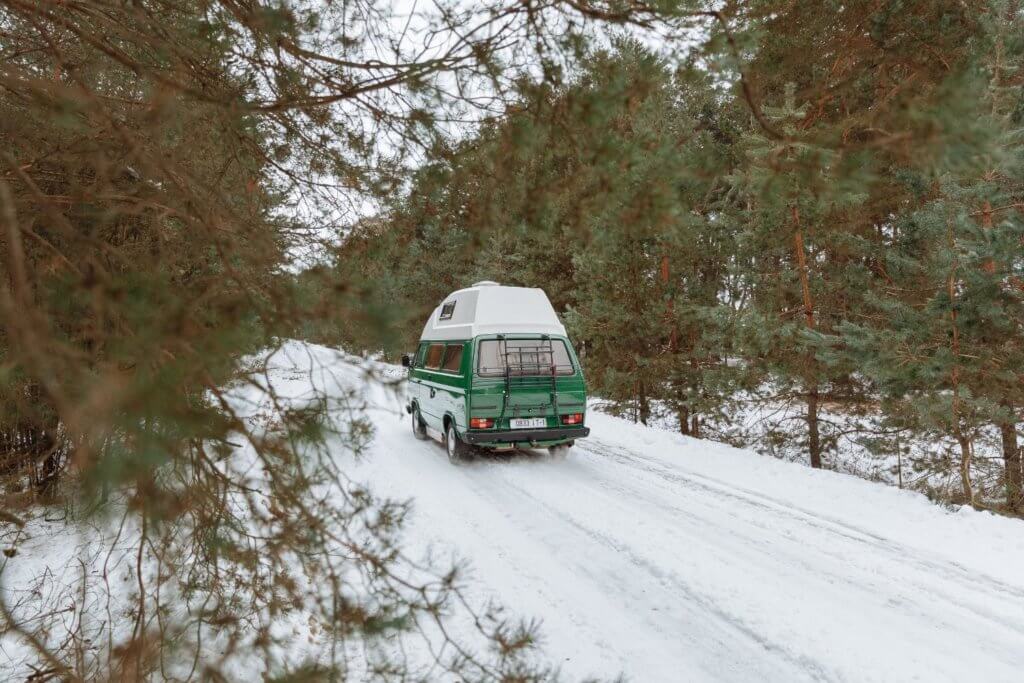 camper van tires in the snow