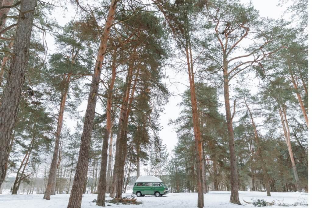 Camper van in the middle of winter woods