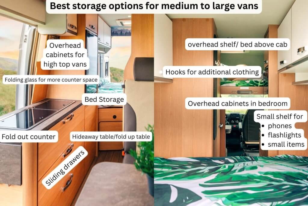 two pictures showing how to best organize a large camper van