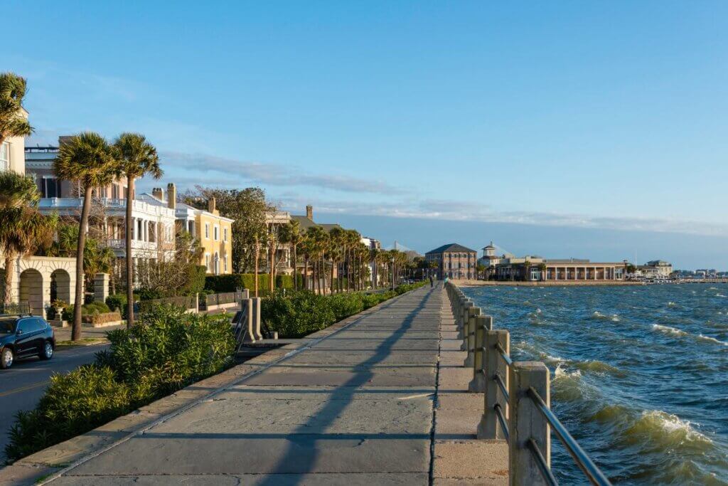 the Battery side walk next to the bay at Charleston SC