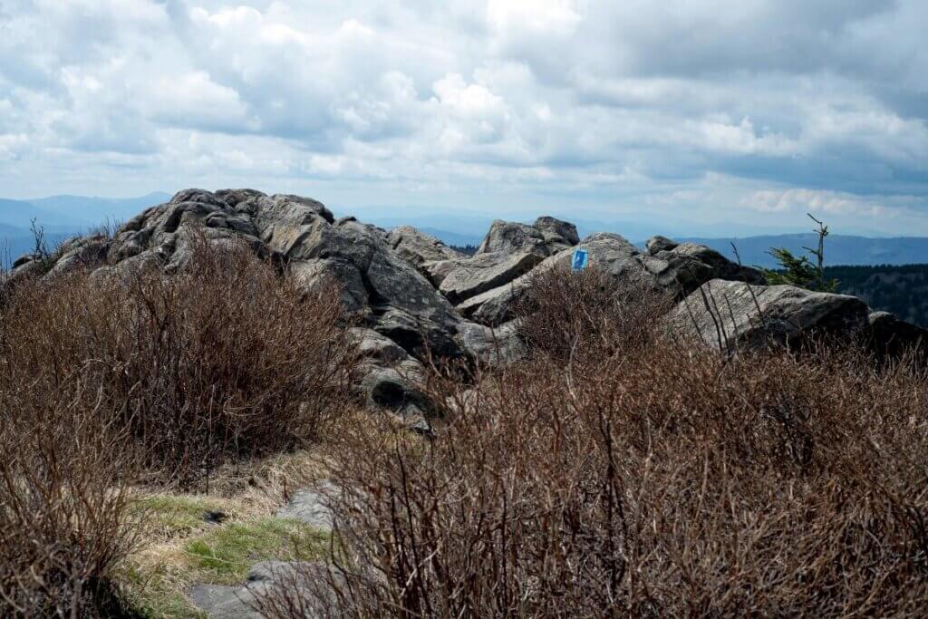 rocks and a view on top of a hiking trail near Grayson Highlands