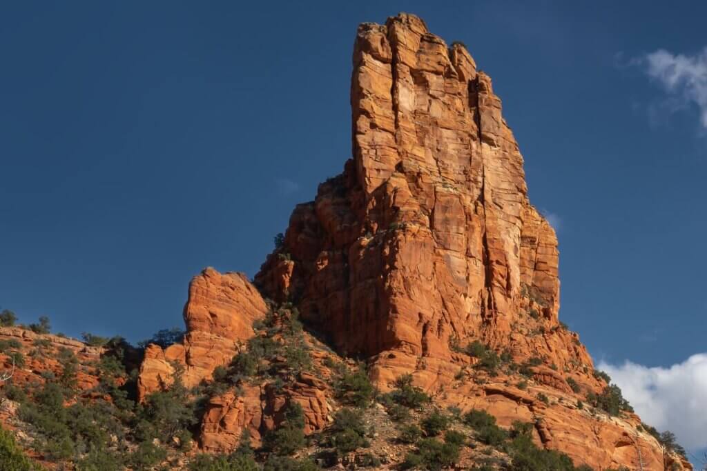 a picture of Cathedral rock. Red rock jutting out of mountain