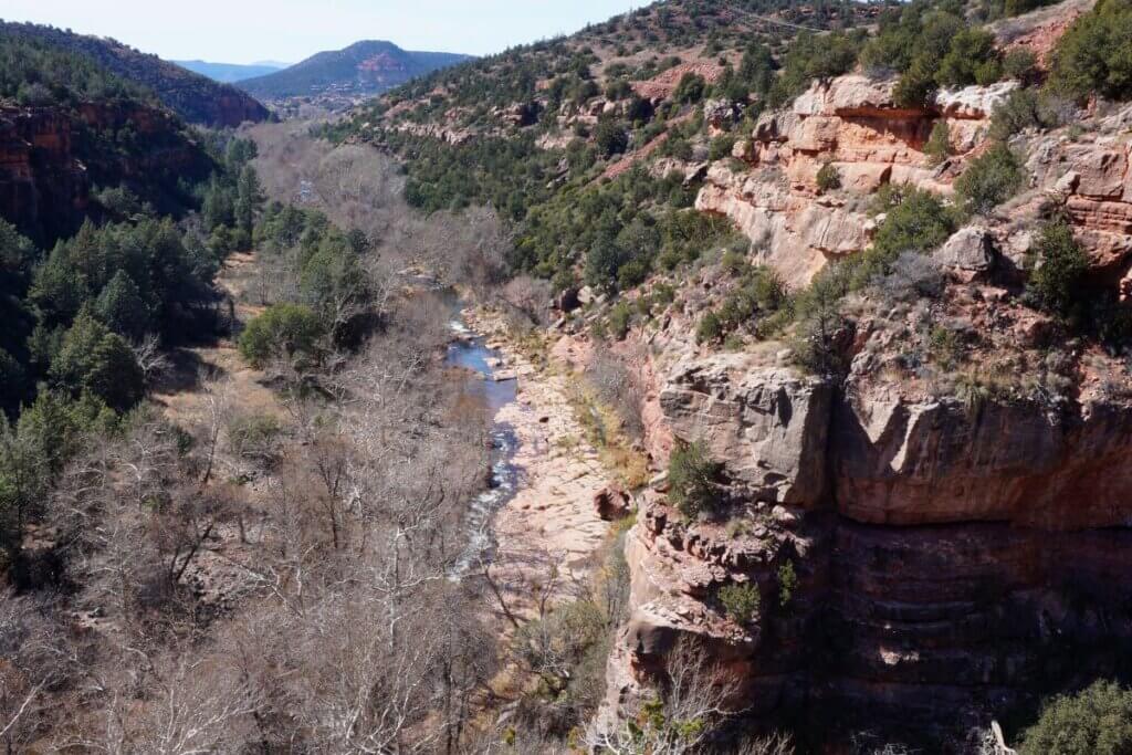 an overhead view of Oak Creek flowing through the canyon in Sedona.