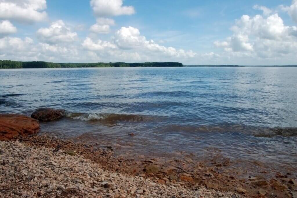 a rocky beach on Lake Jordan in North Carolina