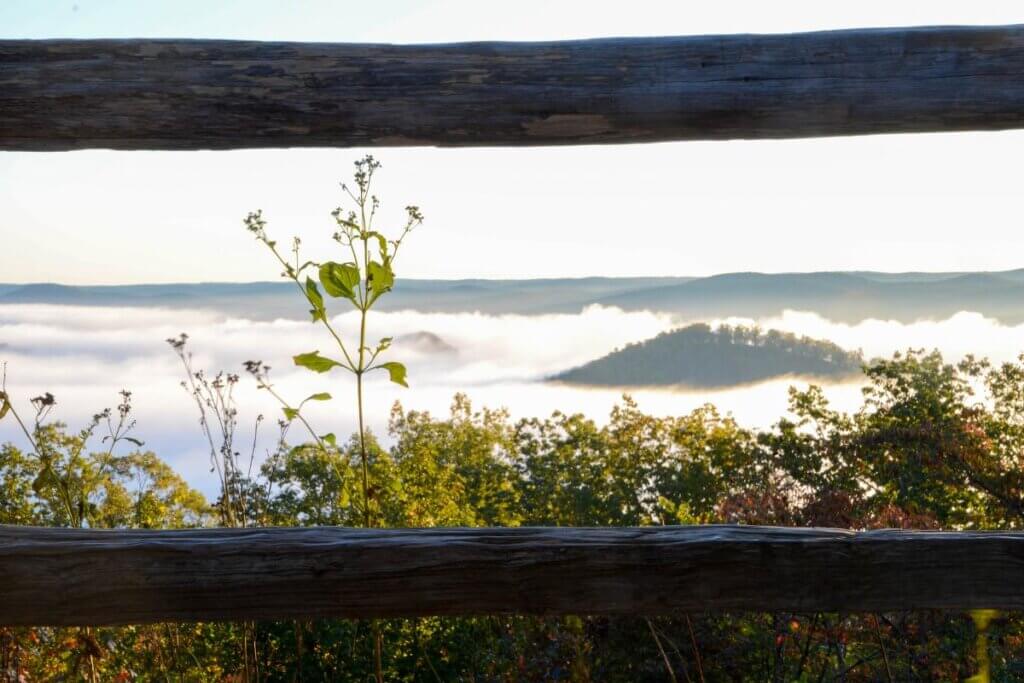 A view beyond a fence of the foggy mountain scenery at Morrow Mountain