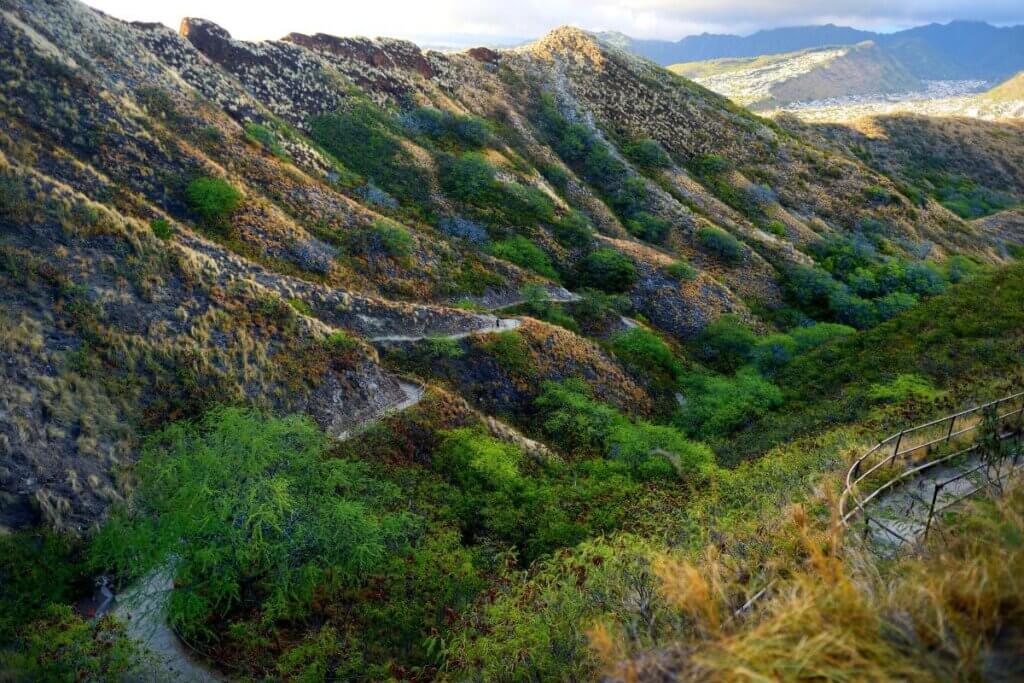 the inside of Diamond Head Crater and walking trails