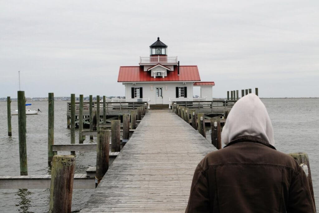 Roanoke Marshes Lighthouse view from the bank