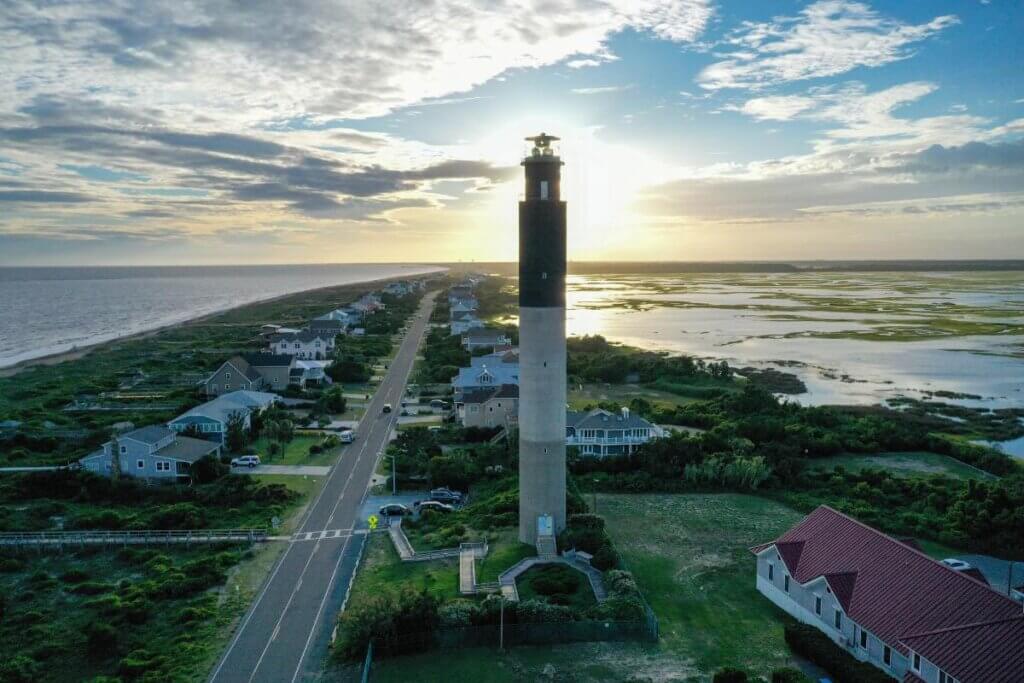 Oak Island Light house near beaches where Iron man parachute scene was filmed on Oak Island