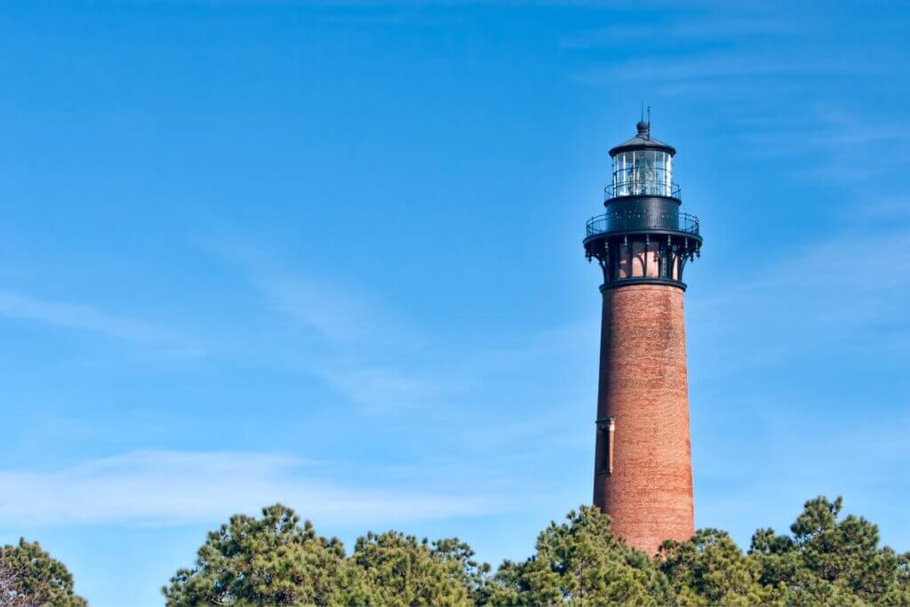 Currituck Beach lighthouse from a distance in North Carolina