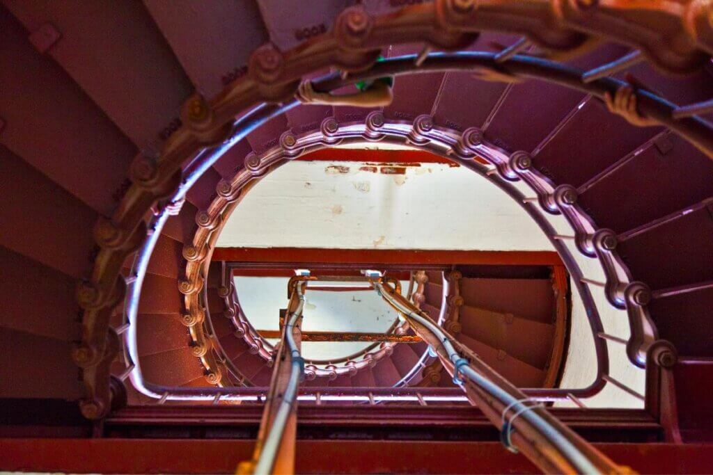 a view upward of the Cape Hatteras Lighthouse