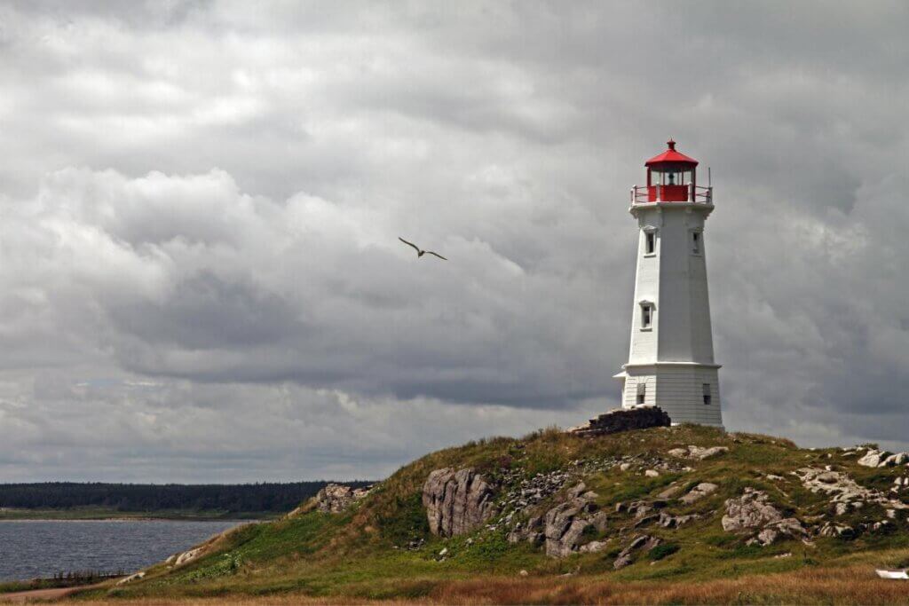 light house with red top and white body